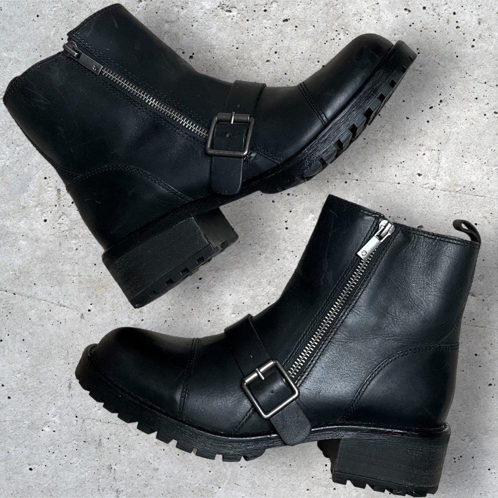 Lucky Brand Moto Boot Ondalucia Zipper Buckle Leather Combat Platform Chunky